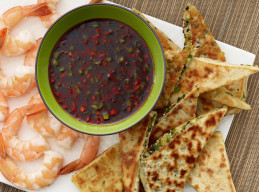 Sesame-Scallion Flatbread and Shrimp with Sweet-and-Spicy Dipping Sauce