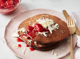 Chocolate Pancakes with Caramel Strawberry Sauce  