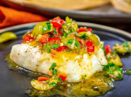 Grouper or Halibut Steamed in Parchment with Martini Relish and Sour Orange Sauce