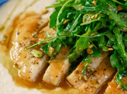 Apricot Chicken with White Bean Puree and Arugula