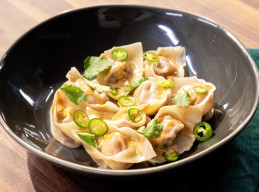 Pork and Shrimp Wontons with Peanut Sauce