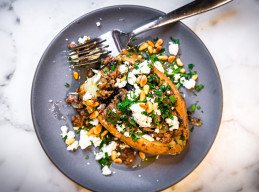 Roasted Sweet Potatoes Topped with Spiced Ground Beef and Pine Nuts