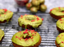 Raspberry Doughnuts with Matcha Glaze