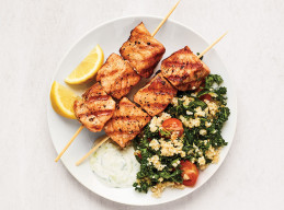Grilled Salmon Kebabs with Kale Tabbouleh
