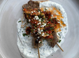 Yogurt-Marinated Beef Kebabs with Calabrian Chile Tapenade