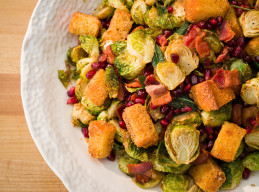 Fried Brussels Sprouts with Bacon and Brown Butter Croutons