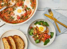 Skillet-Baked Eggs in Tomato Gravy with Spinach