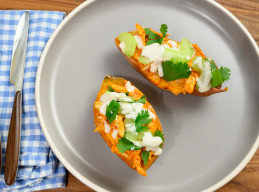 Buffalo Chicken Twice-Cooked Sweet Potatoes