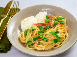 Pasta alla Chitarra with Burrata-Speck-Pea Sauce