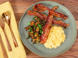 Perfect Scrambled Eggs with Spicy Classic Home Fries and Glazed Bacon