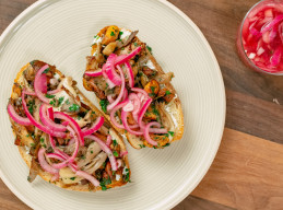 Mushroom and Goat Cheese Tartine with Pickled Red Onions 