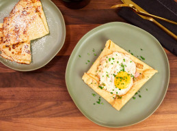 Buckwheat Crepes with Ham, Gruyere and Fried Egg