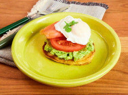 Corn Cakes with Avocado, Tomato, Poached Egg, and Smoked Salmon