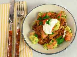 Mexican Quinoa Cakes with Avocado Tomato Salsa and Lime Cream