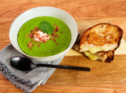 Split Pea Soup with Bacon and Crispy White Cheddar Grilled Cheese