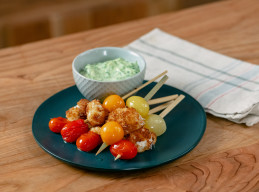 Deconstructed Pizza Skewers with Roasted Tomato, Fried Mozzarella, and Basil Aioli 