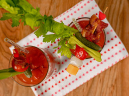 Everybody's Bloody Mary with Curly Candied Bacon Skewer 
