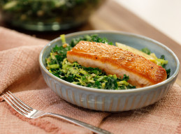 Kale and Brussels Sprout Caesar with Seared Salmon