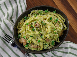 Tagliatelle with Peas, Sausage, Ricotta and Classic Genovese Pesto 