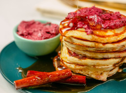 Buttermilk Pancakes with Blackberry-Blueberry Butter and Cinnamon Maple Syrup 
