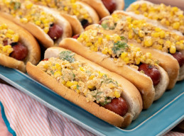 Hot Dogs with Charred, Cheesy Chili-Lime Corn Topping