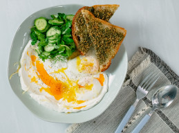Za'atar Toast with Poached Eggs, Labneh, and Chili Oil