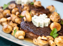 Sunday Rib-Eye Steaks with Blue Cheese Butter, Mushrooms and Sherry