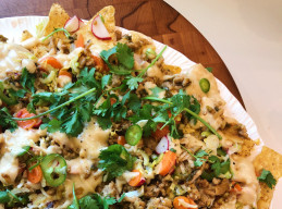 Spiced Turkey Nachos with Homemade Cheese Sauce and “Crisper Drawer” Salsa