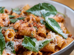 Creamy Pasta Puttanesca with Bacon and Shrimp