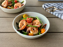 Blistered Green Bean Salad with Shrimp and Toasted Garlic Dressing