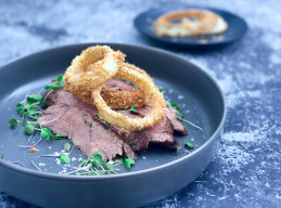 Grilled Flank Steak with Onion Rings