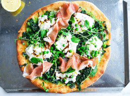 Burrata Flatbread with Garlicky Greens, Peas and Prosciutto
