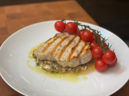 Grilled Swordfish with Charred Eggplant and Smoky Tomatoes