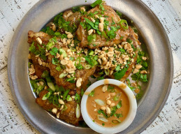 Grilled Chicken Thighs with Spicy Peanut Lime Sauce
