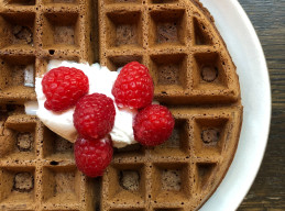 Dark Chocolate Waffles with Raspberries and Coconut Whipped Cream