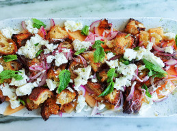Melon and Feta Salad with Sourdough Croutons and Mint