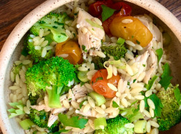 Orzo Salad with Shredded Chicken, Roasted Tomatoes and Broccoli