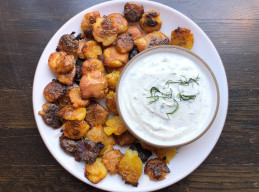 Salt and Vinegar Smashed Potatoes with Herbed Yogurt Dip