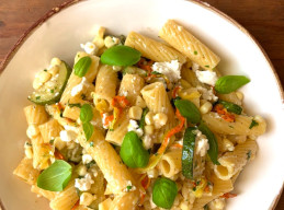 Zucchini, Feta and Squash Blossom Pasta 