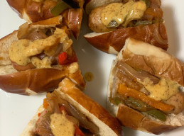 Skillet Brats with Beer Caramelized Peppers and Onions
