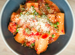 Pink Pasta with Bacon and Peas