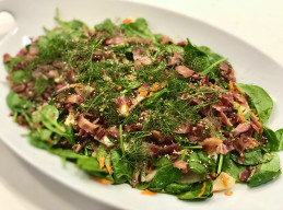 Warm Bacon and Spinach Salad with Miso Dressing