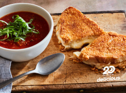 Tomato Soup for One with Parmesan Frico Grilled Cheese