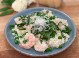 Cauliflower “Risotto” with Shrimp and Peas
