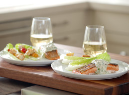 Crispy-Skin Salmon with Curried Yogurt Sauce and Caesar Salad Bites