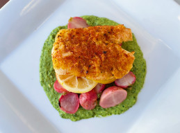 Sheet Pan Cod with Honey-Lemon Radishes and Radish Top Pesto