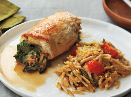 Chicken Florentine Roll-Ups with Lemon-Thyme Orzo Pilaf
