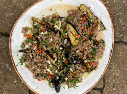 Spiced Ground Beef and Grilled Japanese Eggplants with Maple Syrup Sauce
