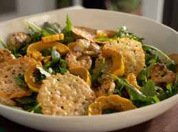 Delicata Squash and Arugula Salad with Pesto Shrimp and Parmesan Frico