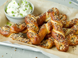 Everything Bagel Pretzel Twists with Scallion Cream Cheese Dip